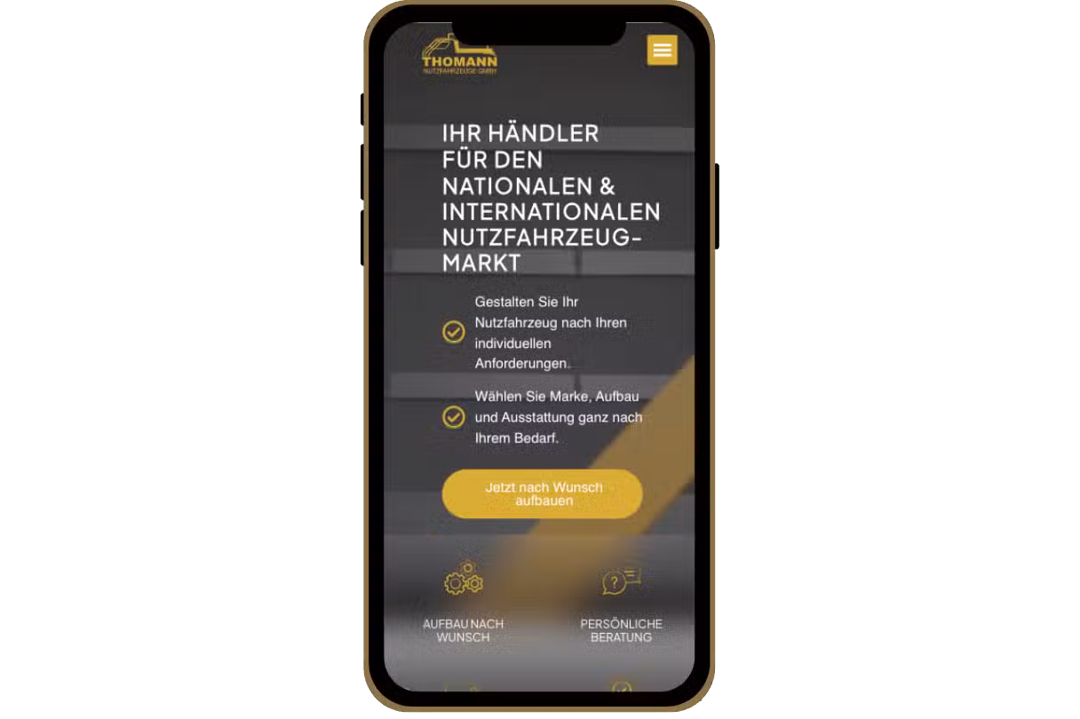 Thomann Nutzfahrzeuge – Ansicht der Website für Fahrzeuge und individuelle Aufbauten