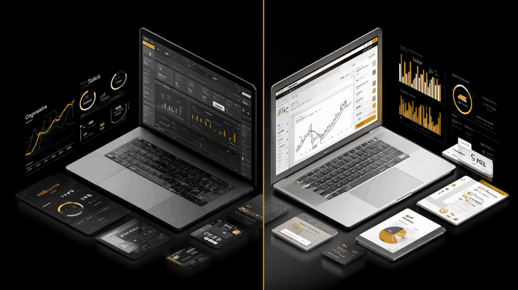 Splitscreen: Auf dem einen Laptop sieht man eine SEO Kampagne, auf dem anderen eine SEA Kampagne.