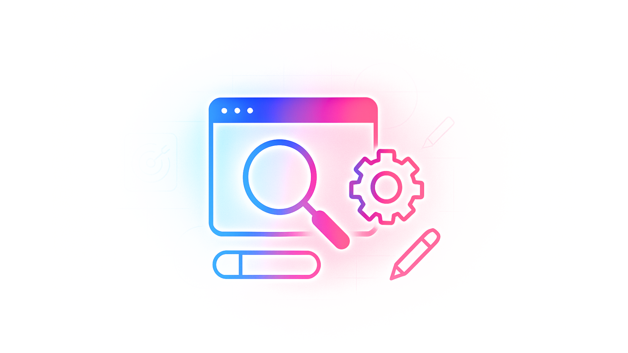 Zahnrad mit Browser, Stift und Suchleiste als Synonym für Konzeptentwicklung