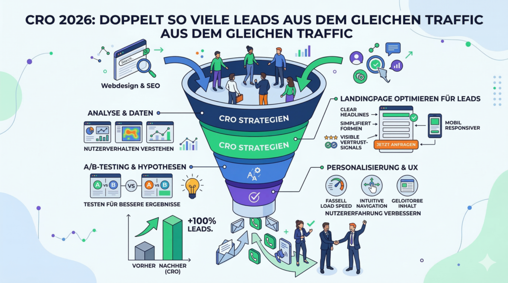 Infografik zu Conversion Rate Optimierung und CRO Strategien für doppelt so viele Leads durch besseres Webdesign.