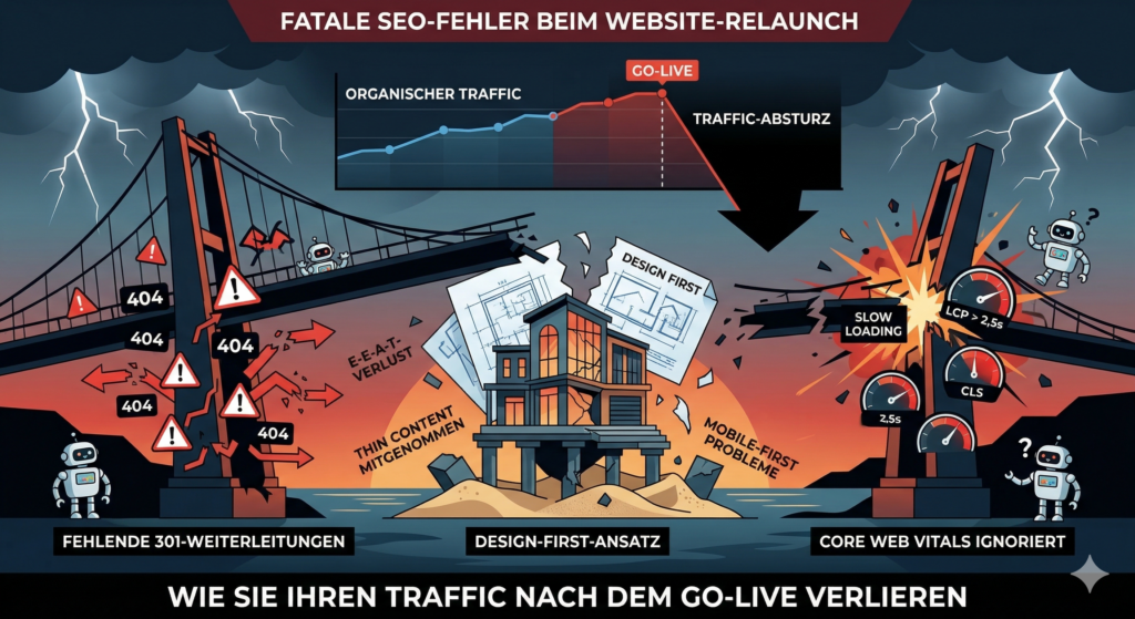 Infografik über fatale SEO-Fehler beim Website-Relaunch: fehlende 301-Weiterleitungen, ignorierte Core Web Vitals, Design-First-Ansatz