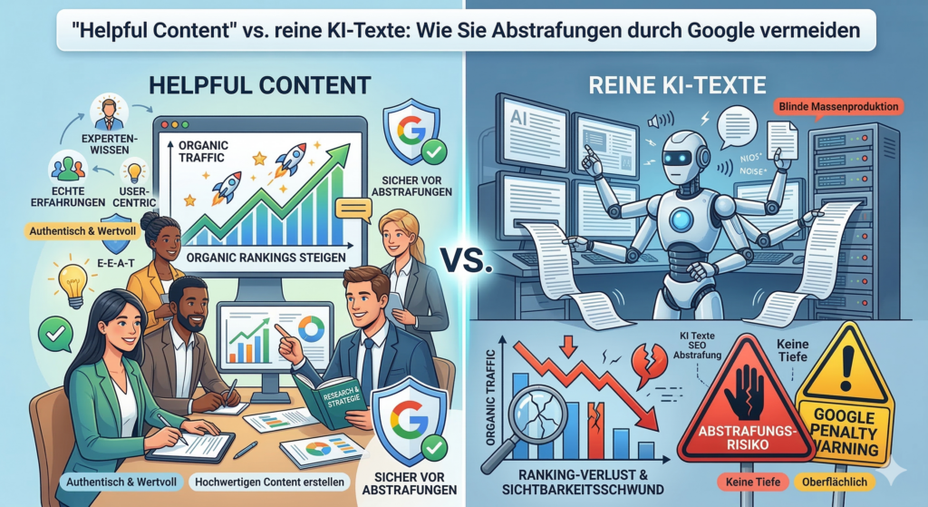 Vergleichsgrafik zwischen Google 'Helpful Content' und rein KI-generierten Texten zur Vermeidung von SEO-Abstrafungen.