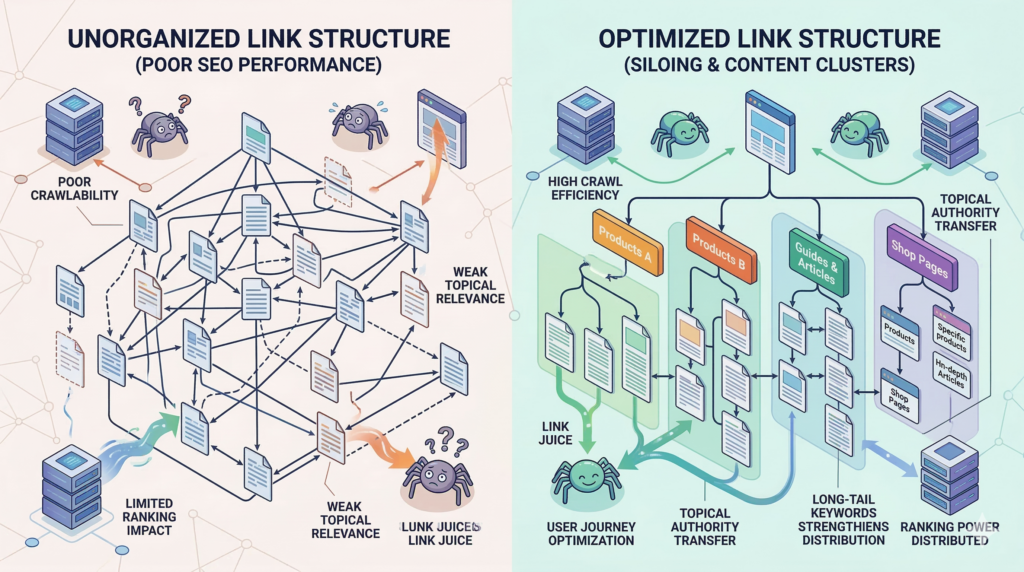 Eine isometrische Infografik vergleicht unorganisierte interne Verlinkung mit optimierter Siloing-Struktur zur Stärkung der Topical Authority.