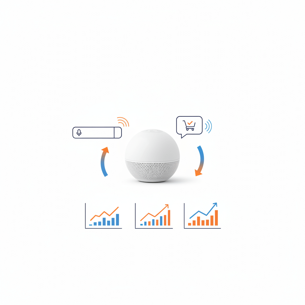 Minimalist graphic about Voice Commerce 2026 featuring a smart speaker, a shopping cart icon, and SEO growth charts for voice search optimization.