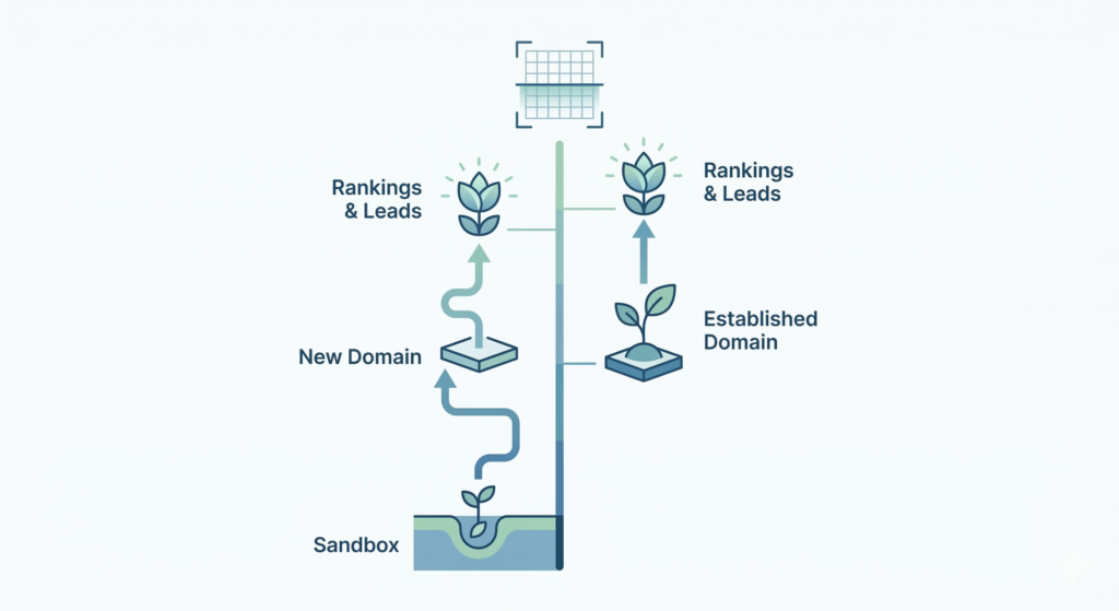 Minimalistische Grafik zur SEO-Dauer: Vergleich des Weges zu Rankings und Leads für eine neue Domain aus der Sandbox im Vergleich zu einer etablierten Domain.