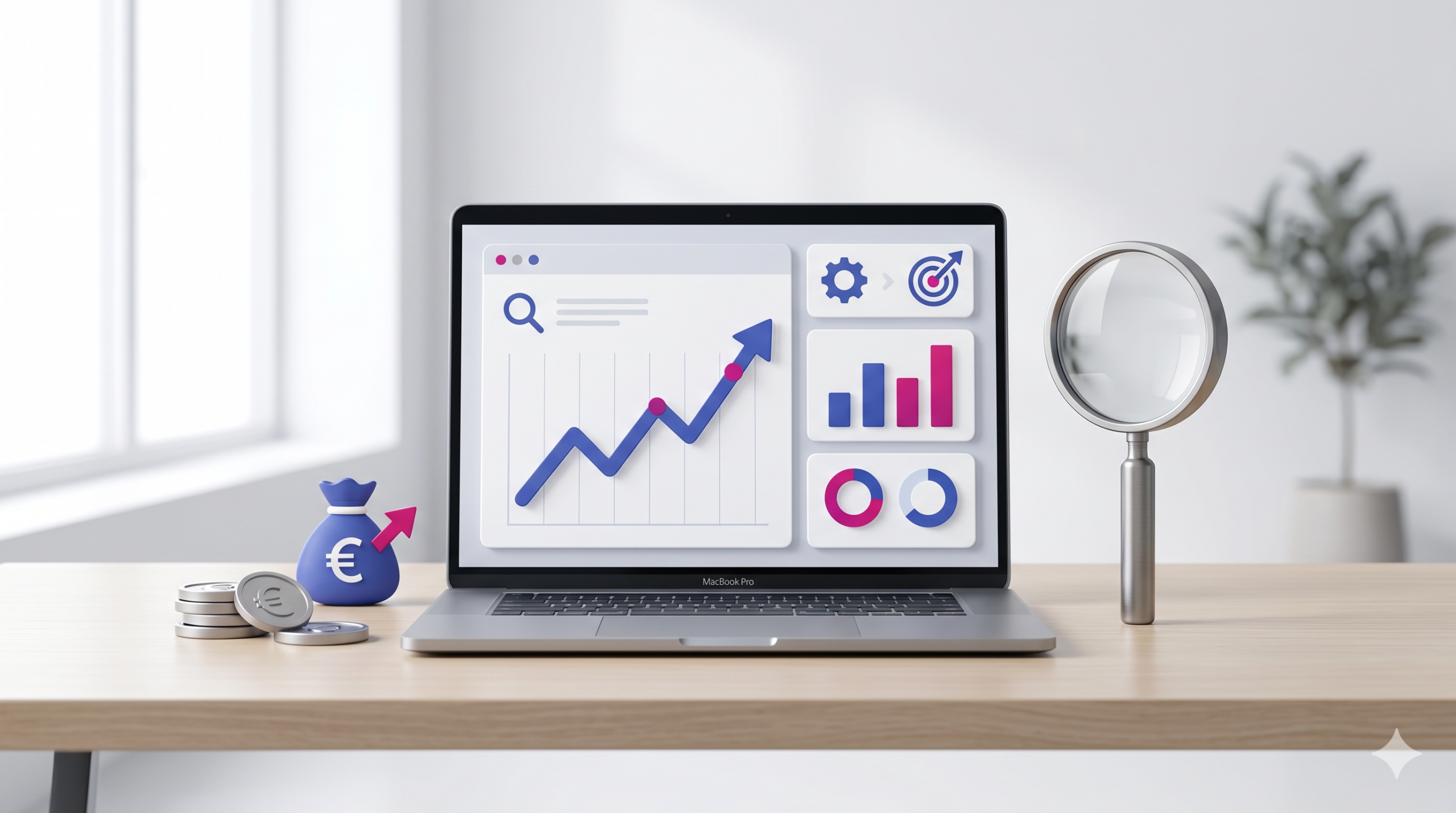 seo kosten 2026 mit analyse dashboard, lupe, budget und wachstum