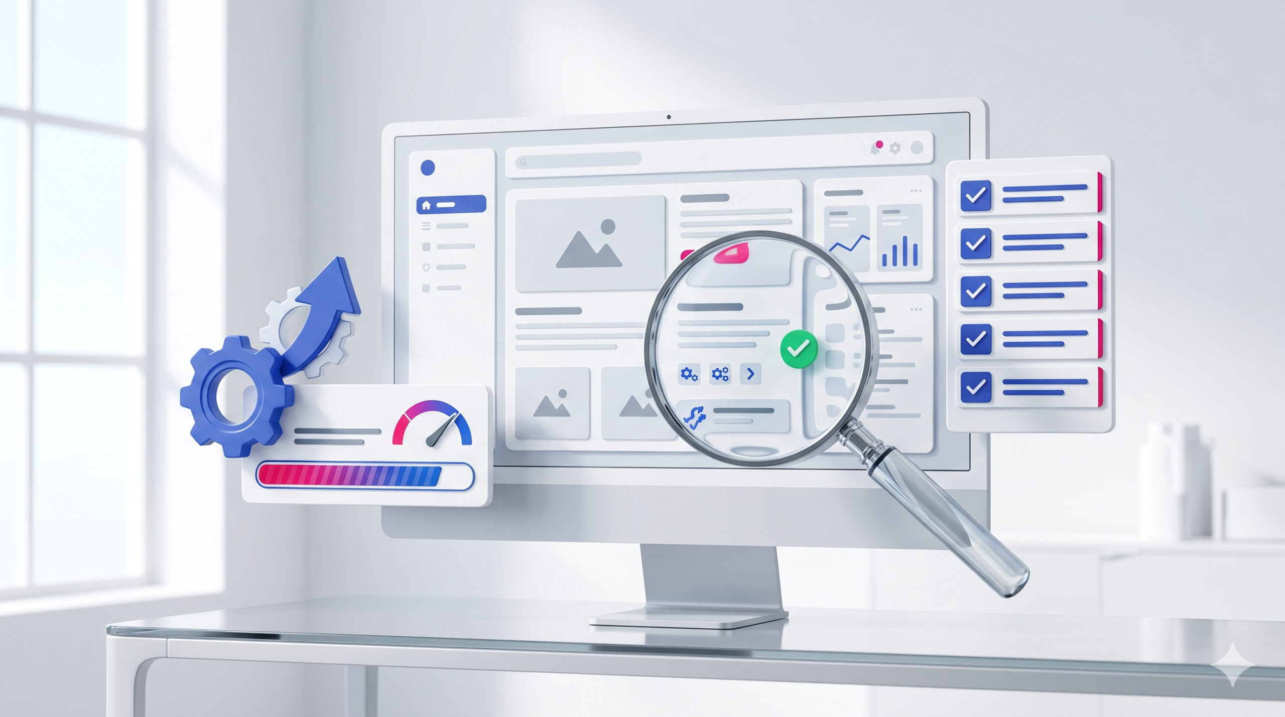 technisches seo audit mit website analyse, lupe, checkliste und optimierung