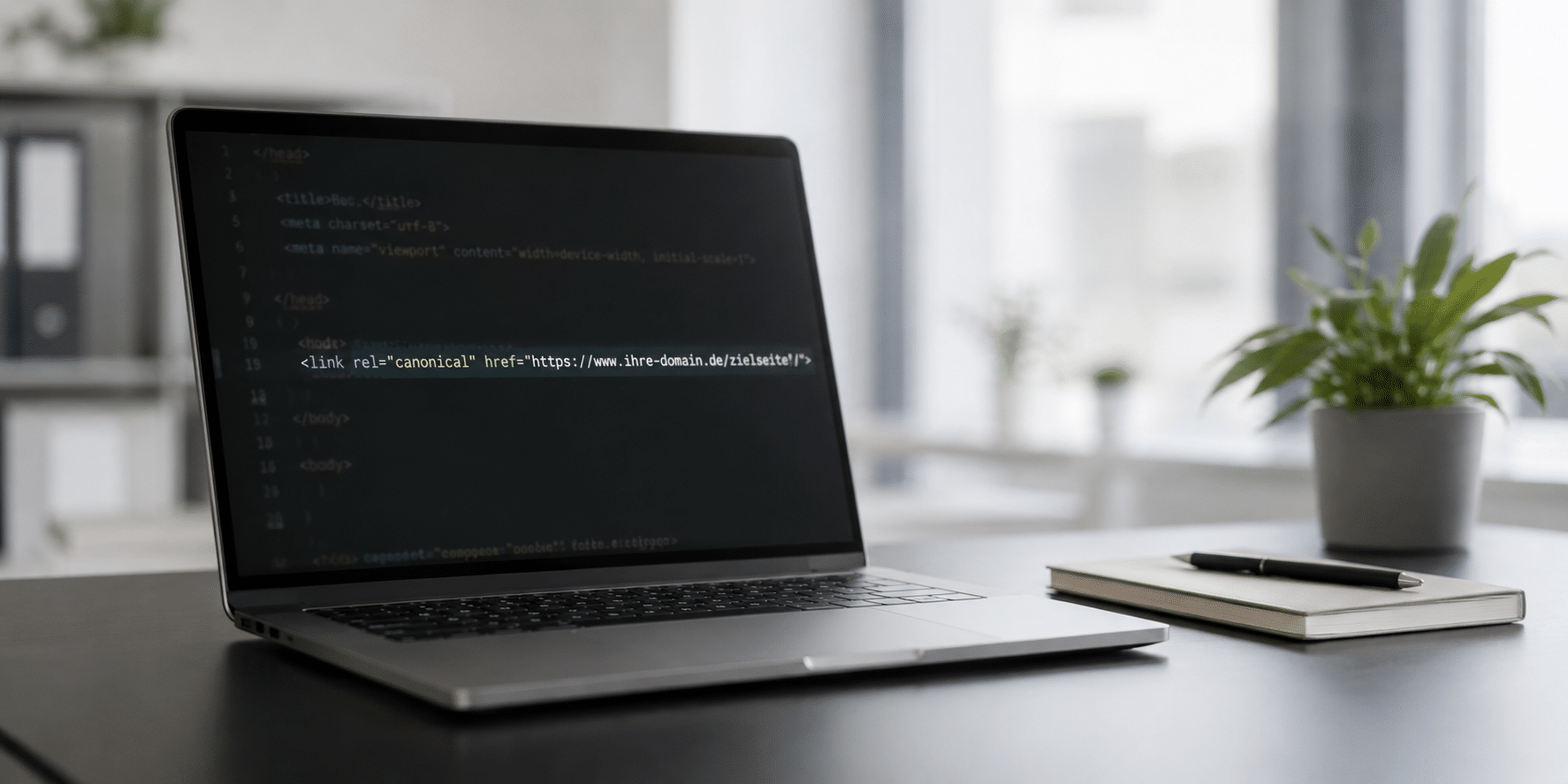 Laptop mit HTML-Code für Canonical Tag auf modernem Büro-Schreibtisch