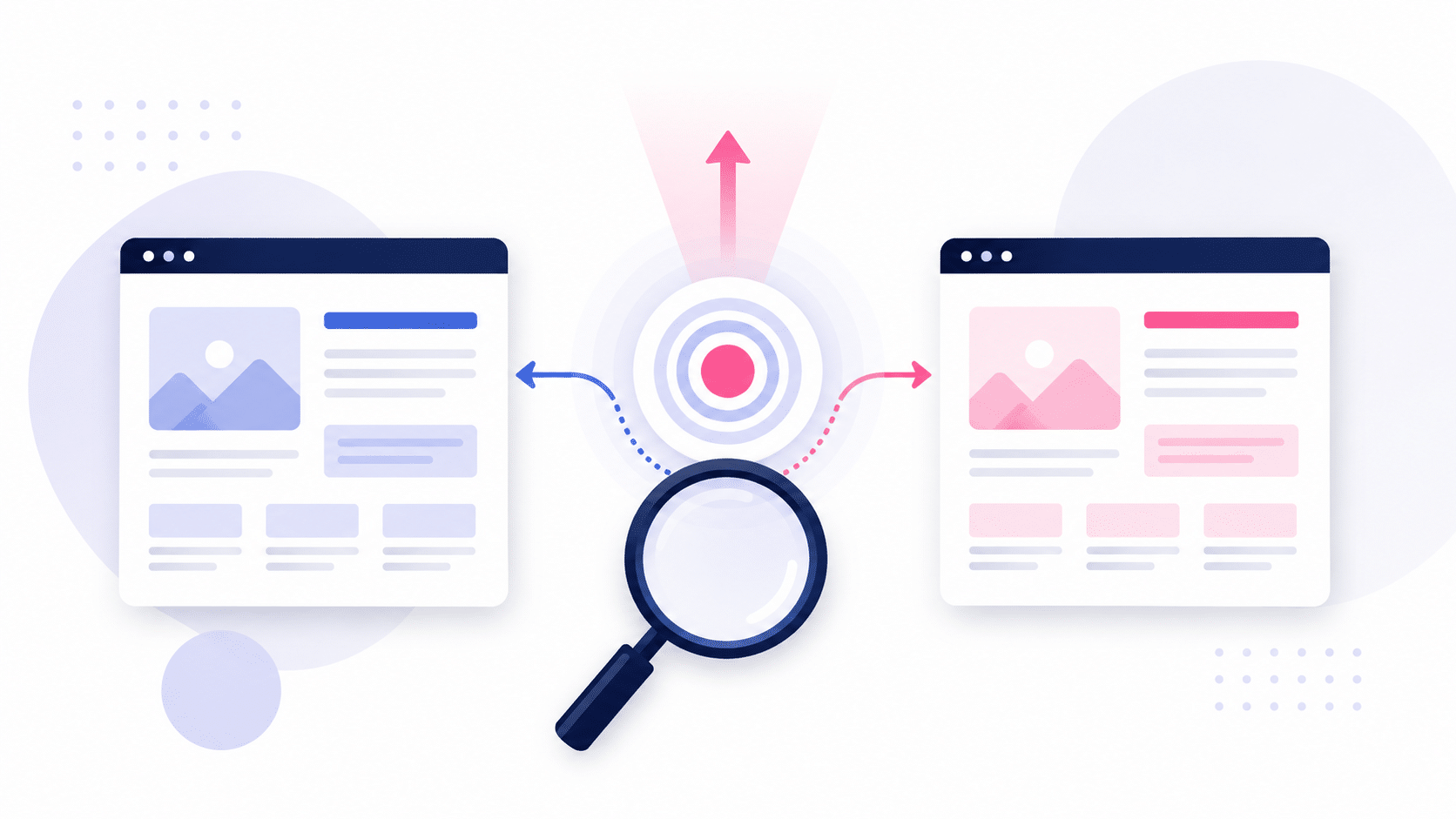 Grafische Darstellung von Keyword-Kannibalisierung mit zwei konkurrierenden Webseiten und einer zentralen Suchanalyse