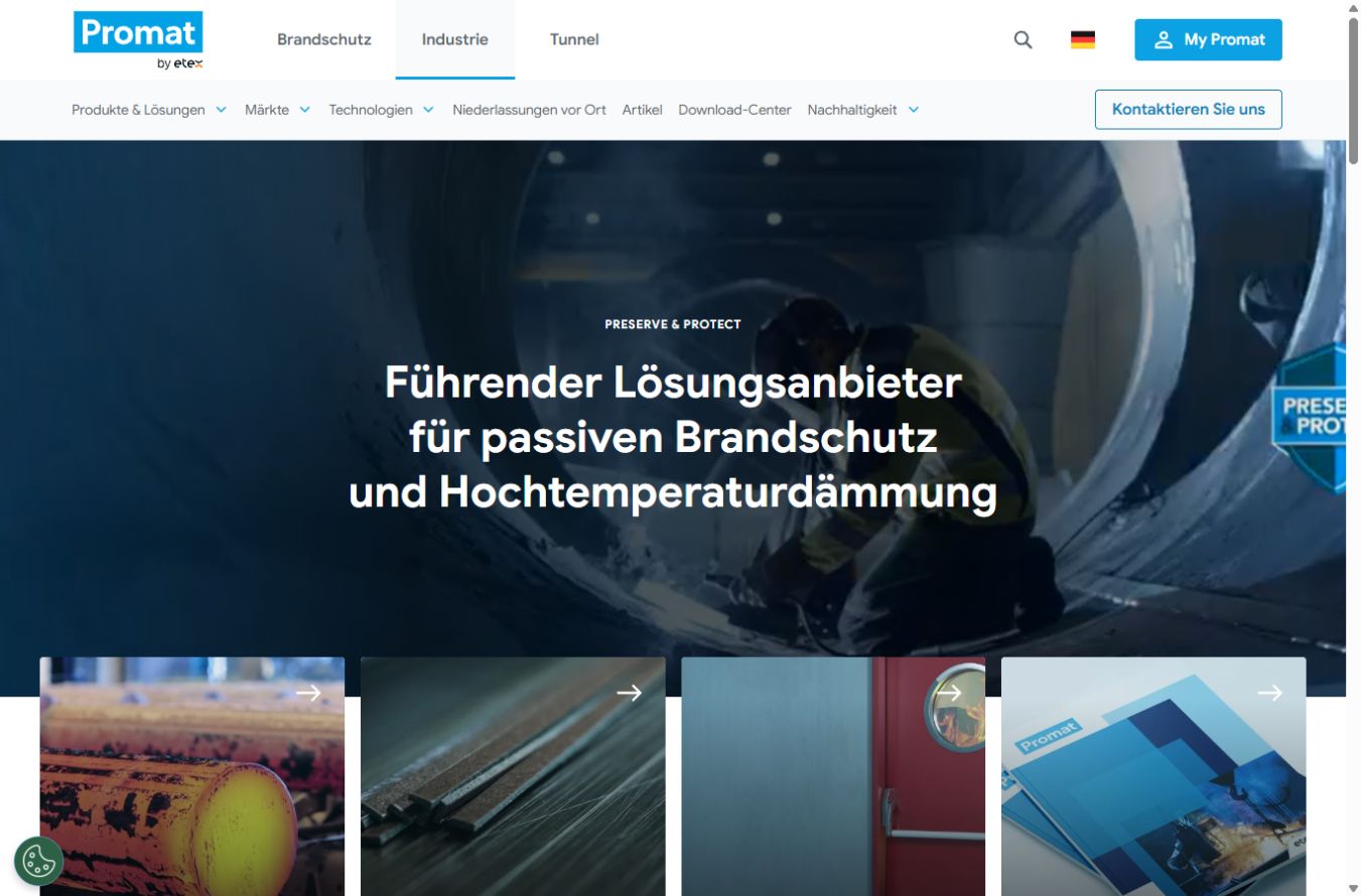 Aktuelle Promat-Industry-Website: passiver Brandschutz und Hochtemperaturdämmung