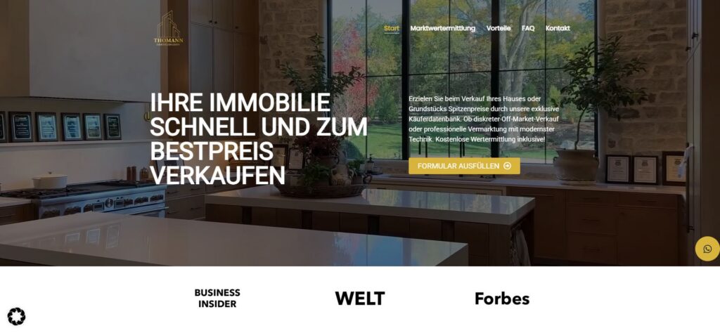 Thomann Immobilien – gestaltete Landingpage für Immobilienverkauf und Bewertung